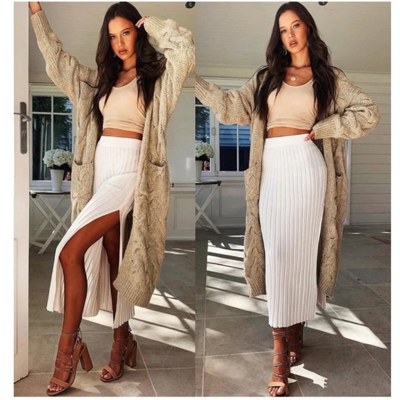 Sweaters - Boho Khaki Beige Chunky Cable Knit Long Cardigan Sweater Duster Coat